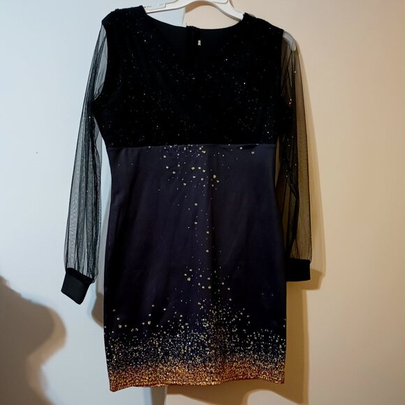 EUC ~ Women's Sheer Long Sleeve Bodycon Dress, Holiday Golden Sparkly Print - Picture 4 of 5